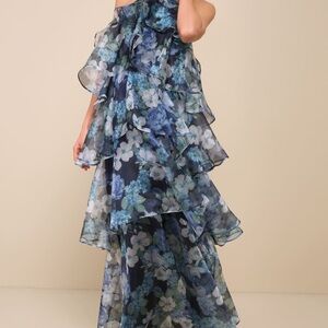 Lulu's Navy & Light Blue Floral One-Shoulder Ruffle Gown